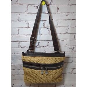 Brighton Woven Straw Brown Leather Croc Embossed Purse Shoulder bag Adj Strap